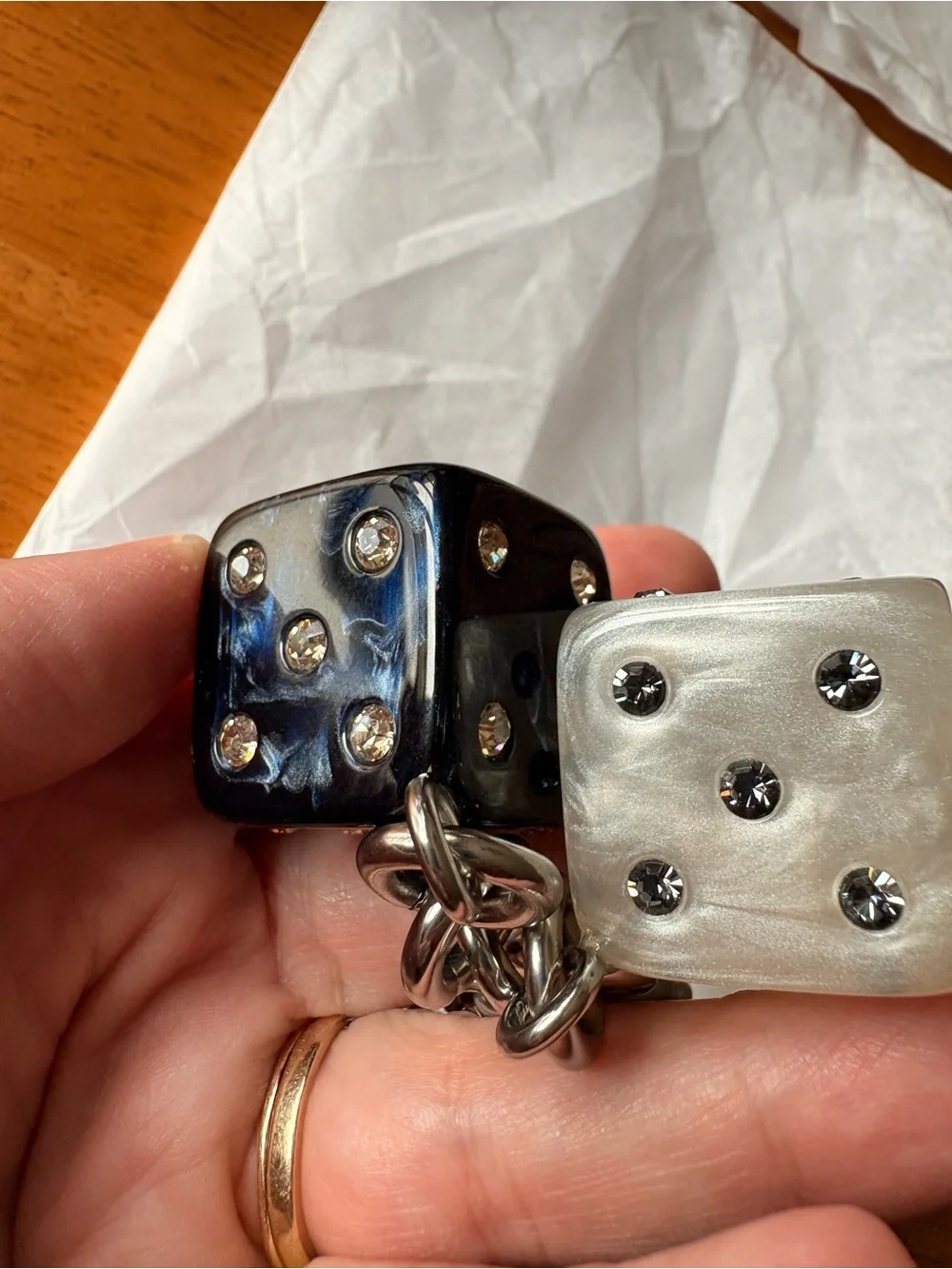 Coach Silver Keyring with Black and Pearl Dice Charms